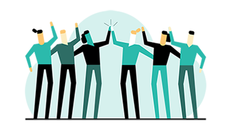 Illustrasjon av seks personer som står sammen og jubler. De to i midten gir hverandre en figh five. 